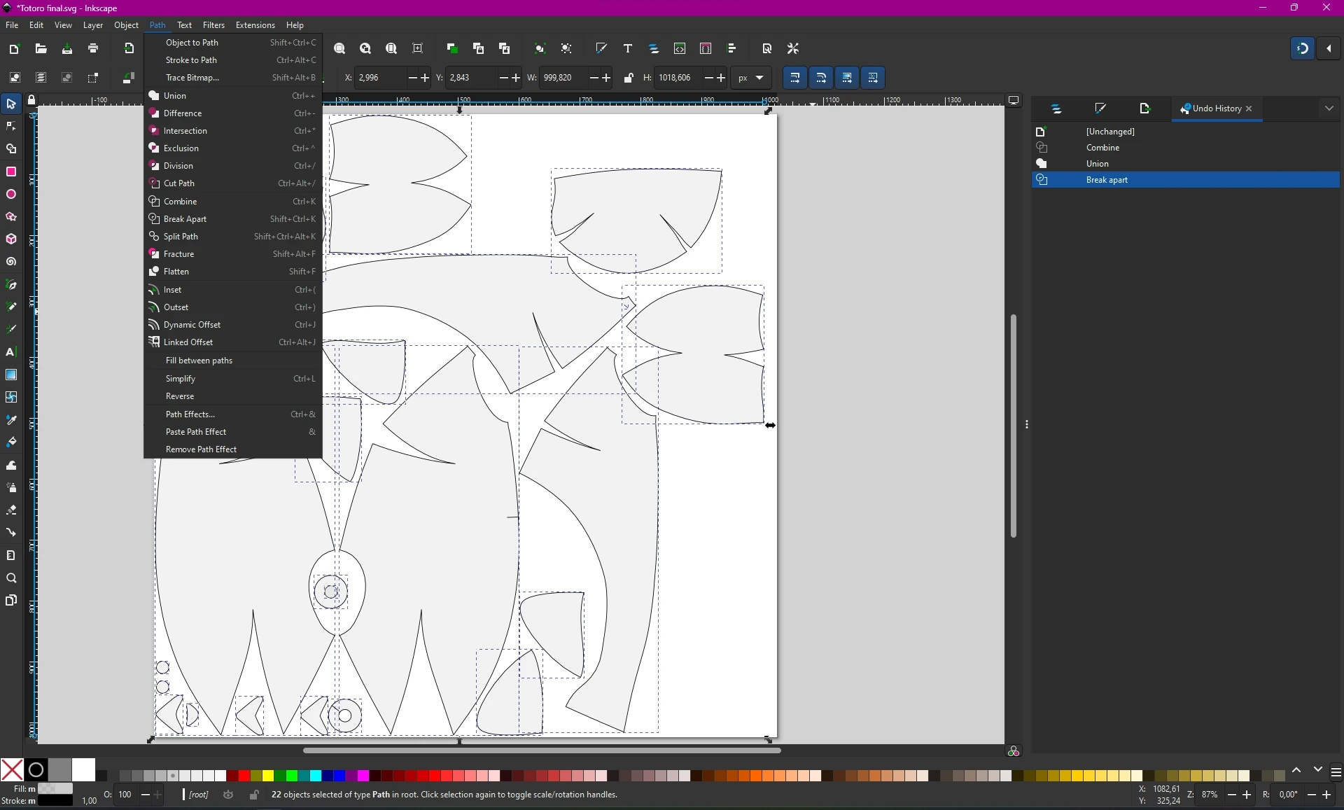 Screenshot of Inkscape with the UV map of blender imported and made into vector shapes.